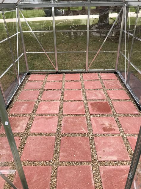 Floor of my Palram 6x8 ft. Hybrid greenhouse. 12 inch square pavers and pea gravel. Greenhouse Floors Diy, Diy Greenhouse Floor Ideas, Floor For Greenhouse, Green House Floor, Greenhouse Flooring Ideas, 6x6 Greenhouse Layout, Greenhouse Floor Ideas Cheap, Greenhouse In Garden, Greenhouse Paver Floor