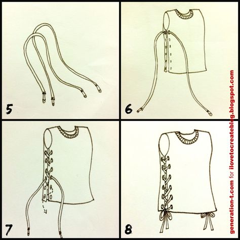 No Sew lace up tank - easy to make t shirts that are too big fit.  OuterLace steps 5678 generation-t.com No Sew Alterations Easy Diy, Diy Cut Shirts Step By Step, Diy Shirts No Sew, Diy Lace Up Shirt, No Sew Tank, Shirt Weaving, Alt Diy, Diy Goth Clothes, Tshirt Upcycle