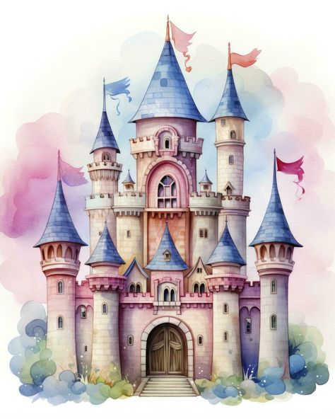 Disney Palace Drawing, Disney Castle Art, Disney Castle Drawing, Watercolor Kawaii, Watercolor Castle, Unicorn Castle, Castle Cartoon, Disney Princess Castle, Pencil Sketches Easy