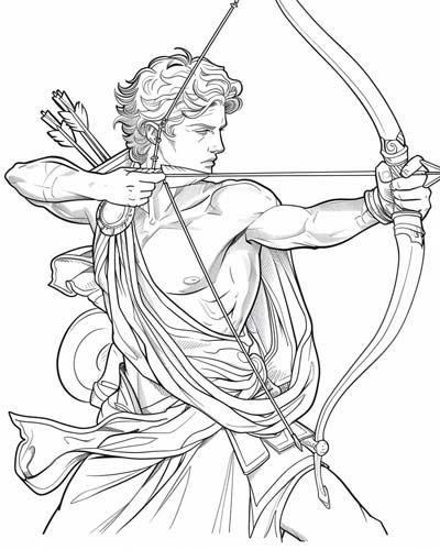 coloring page of Apollo as an archer Greek Drawings Mythology Art, Greek Mythology Outline, Ancient Greek Gods Art, Apollo Statue Tattoo, Apollo Aesthetic Greek Mythology, Greek Art Sketch, Greek Gods Art Drawing, Hermes Greek God Art, Apollo Art Greek Mythology