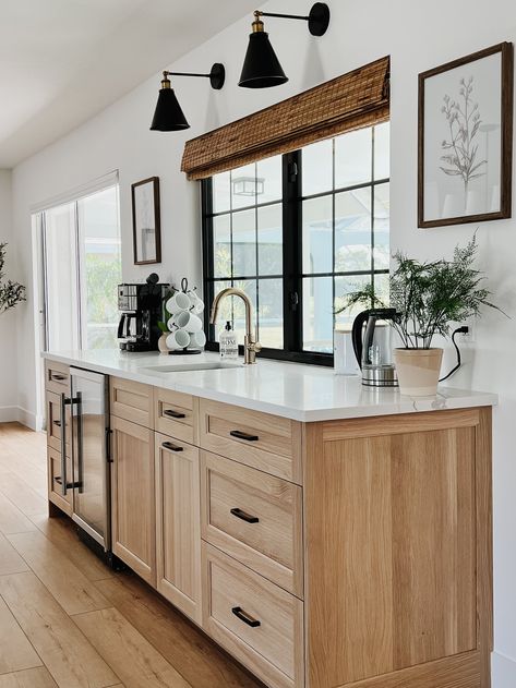 Hickory Cabinets Flooring, Oak Black Kitchen, Kitchen Cabinets With Wood Floors, White Oak And Black Kitchen, White Black And Wood Kitchen, Lynette Yoder, Portugal Kitchen, New Build Kitchen, Masculine Kitchen