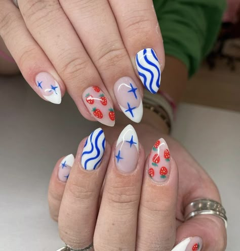 30+ Favorite 4th of July Nails to Try in 2024 - ♡ July Blossom ♡ Nail Ideas 4th July, 4th Of July Nail Inspiration, Fourth Of July Nails Cherry, 4th July Nails 2024, 4th Of July Nails Blooming Gel, 4th Of July Nails Funky, 4th Of July Cherry Nails, Forth Of July Nail Art Designs, 4ty Of July Nails