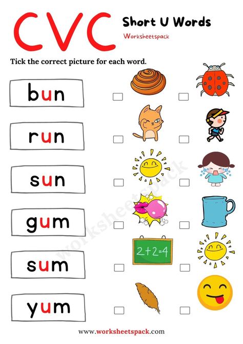 Free Short U Worksheets for Kindergarten - worksheetspack Short Vowel U Worksheets, Vowel U Worksheets, A Worksheets For Kindergarten, Short U Worksheets, Short A Worksheets, Jolly Phonics Activities, Counting Backwards, Read In English, Nursery Worksheets