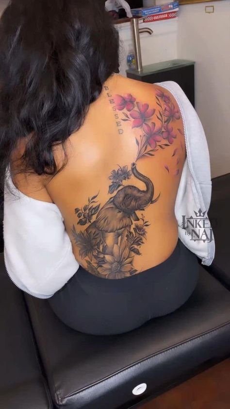 Lion Tattoo For Women Thighs, Elephant Back Tattoo Women, Lion Back Tattoo Women, Hip Tattoos Black Women, Bottom Of Back Tattoo Women, Elephant Tattoos Black Women, Unique Thigh Tattoos Women, Thigh Tattoos Women Black Woman, Thigh Tattoos Black Women