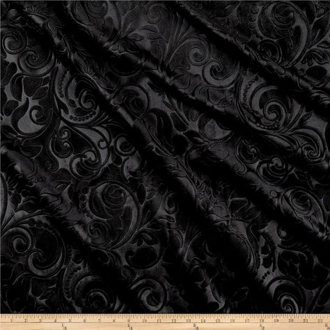 Embossed Velvet Scroll Black from @fabricdotcom  This buttery soft, medium/heavyweight embossed velvet will add luxury and sophistication to any home decor project. The rich, opulent sheen and color makes it perfect for any home décor style. Its structural styling characteristics and durability are great for upholstering, slipcovers, toss pillows or creating handbags and tote bags. This fabric has 20,000 double rubs. Formal Disneybound, Embossed Velvet, Black Velvet Fabric, 2019 Runway, Spring Awakening, Fabric Stars, Haunted Mansion, Diy Sewing Projects, Toss Pillows