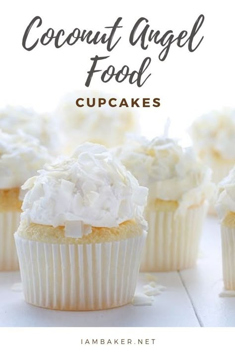 Coconut Angel Food Cupcake is super duper easy with this boxed mix! Top it with a Cool Whip and Coconut Flakes and you've got an amazing treat for Spring break! They are so delicious, you would want to try baking some! Cupcake Receptek, Coconut Cupcake Recipes, Cream Cheese Icing Recipe, Angel Food Cupcakes, Dessert Sushi, Angel Food Cake Mix Recipes, Coconut Cupcakes, Food Cupcakes, I Am Baker