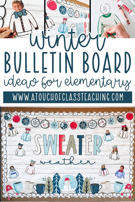 Looking for some winter bulletin board ideas for elementary that are perfect for December and January? These printable winter bulletin board includes everything you need to make an adorable January display, including student-made crafts! Teacher Winter Bulletin Boards, December Kindergarten Bulletin Boards, Sweater Weather Bulletin Board Ideas, High School Bulletin Board Ideas Christmas, Funny Winter Bulletin Boards, Winter Science Bulletin Boards, Free Winter Bulletin Board Printables, Winter Themed Bulletin Boards Ideas, Winter Bulletin Board Ideas For High School