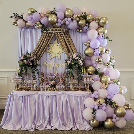 Purple Pink Gold Birthday Party Ideas, Purple And Yellow Quinceanera, Rapunzel Candy Table, Tangled Debut Theme Ideas, Tangles Theme Quince, Rapunzel Sweet 16 Centerpieces, Tangled Rapunzel Party Decor, Quince Theme Ideas Purple, Rapenzul Quince Theme