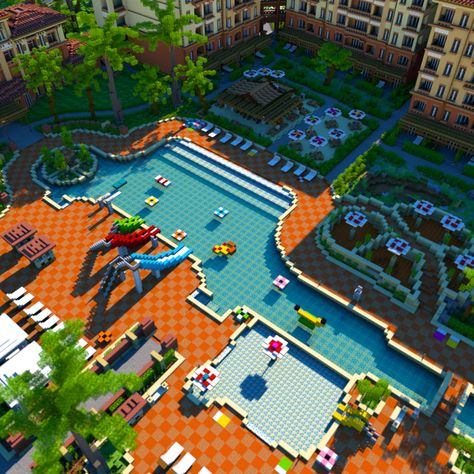 Club In Minecraft, Boardwalk Minecraft, Minecraft Building Ideas Mansions, Minecraft Resort Ideas, Minecraft Buildings Cities, Minecraft City Center, Minecraft Water Park, Minecraft Waterpark, Resort Minecraft