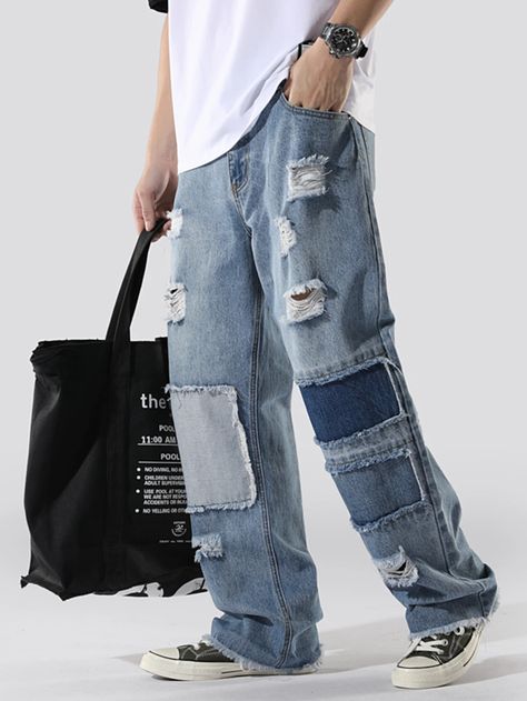 Men Raw Hem Ripped Jeans | SHEIN USA Hoco Fits, Jean Top Outfits, Men Jeans Loose, Jeans Patchwork, Jean Short Outfits, Ripped Men, Jeans Outfit Winter, Overalls Men, Ripped Jeans Men