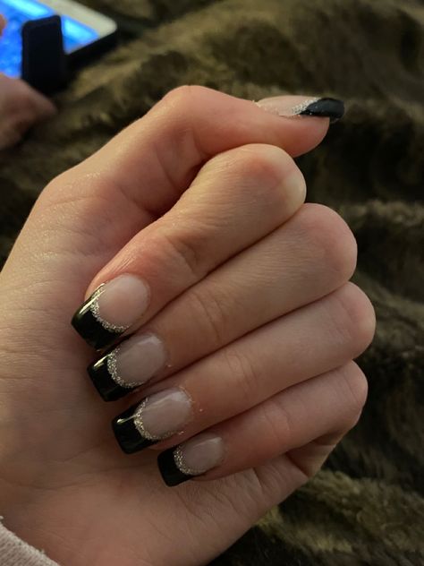 news years nail inspo! Black French Tip Nails Square Short With Design, Black Squared French Tips, Small Black French Tip Nails, Short Black French Nails Square, Short Nail Black French Tip, News Years Nails, Black French Tip Nail, Summertime Nails, Nails French Tips