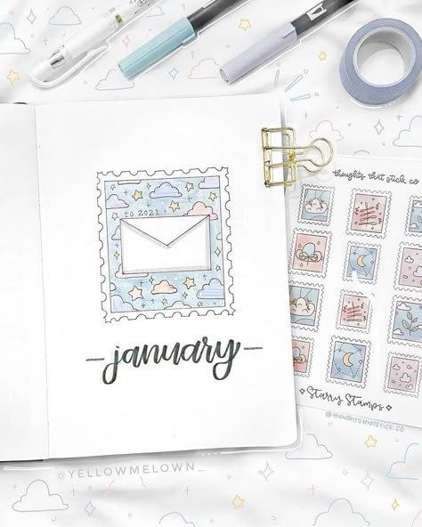 Bujo Theme Ideas List, Stamp Journal Ideas, New Year Bujo Setup, January Bujo Ideas, New Years Bujo, January List, Bujo Monthly Cover, Journal Setup Ideas, New Year Bullet Journal