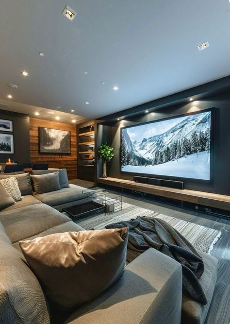 Large Tv Room Ideas, Apartment Theater Room, Basement Large Tv Wall, Basement Inspo Cozy, Simple Movie Room Ideas, Living Room Sound System, Projector In Basement Ideas, Basement Family Room Ideas Cozy Living Interior Design, Cozy Basement Tv Room