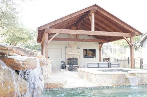 Poolside Pavilion, Pavilion With Storage, Outdoor Cabana Ideas, Pavillion With Hot Tub, Outdoor Fireplace With Pergola And Pool, Pool Pavilion With Fireplace, Pool Gazebo With Fireplace, Poolside Pergola With Fireplace, Pool Pavilion Ideas