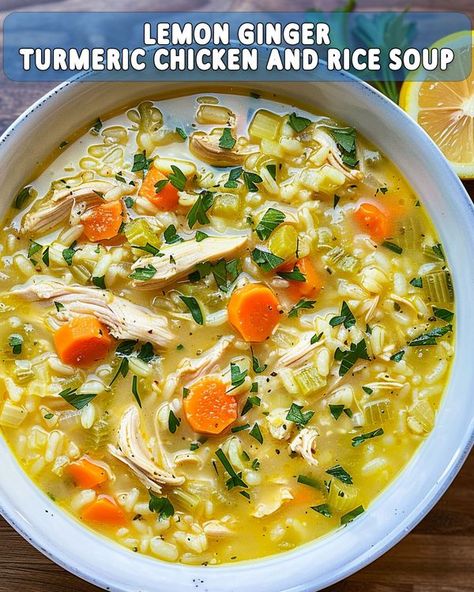 Yay Recipes - Lemon Ginger Turmeric Chicken and Rice Soup... Paleo Chicken And Rice Soup, Lemon Ginger Soup Vegetarian, Immunity Boosting Dinner Recipes, Turmeric Ginger Chicken Soup, Chicken Soup Ginger Tumeric, Chicken And Rice Soup With Tumeric And Ginger, Chicken Soup With Ginger And Tumeric, Turmeric And Ginger Soup, Nutrient Dense Chicken Soup