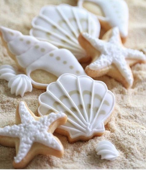 Seashell Cookies Royal Icing, Seashell Sugar Cookies, Seashell Cookies Decorated, Sea Cookies Decorated, Under The Sea Sugar Cookies, Ocean Treats, Clam Shell Cookies, Ocean Cookies, Shell Cookies