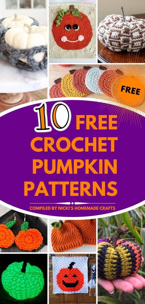 Pumpkins are an iconic symbol of fall, harvest, and seasonal celebrations. So if you're a crocheter, it's no surprise if you want to crochet pumpkins! Check out this collection of crochet pumpkin patterns, for home decor, fashion accessories, and more, all free at Nicki's Homemade Crafts! #crochetfallpatternsfree #crochetpumpkin Crochet Pumpkin Free Pattern Easy Pattern, Pumpkin Applique Crochet, Crochet Pumpkins Free Pattern Easy, Crochet Pumpkin Applique, Small Crochet Pumpkin Applique, 2d Pumpkin Crochet Pattern, Crochet Pumpkin Patterns, Flat Pumpkin Crochet Pattern, Just Be Crafty Crochet Pumpkins