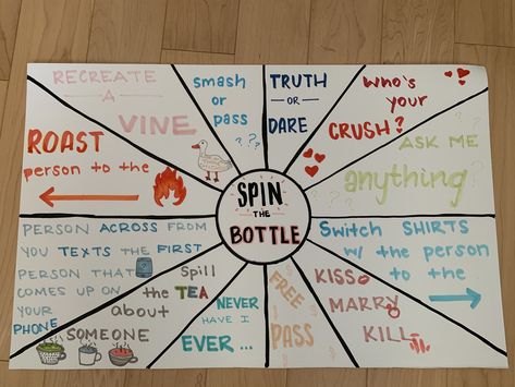 Spin Bottle Game, Spine The Bottle Game, Spin The Bottle Board, Spin The Bottle Ideas For Friends, Fun Games For Teenagers, Teen Games, Fun Sleepover Activities, Sleepover Stuff, Teen Sleepover Ideas