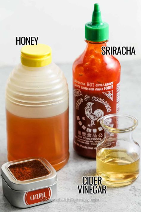 This hot honey recipe is a game-changer in flavor, and adds a sweet hot kick to dishes like fried chicken or pizza! With honey, sriracha, vinegar, and cayenne, it becomes the ultimate all-purpose sauce or glaze. Similar to Frank's red hot honey sauce, but with customizable heat levels. Double the recipe and share this uniquely spicy condiment with friends! #spendwithpennies #hothoneyrecipe #easyhothoney #besthothoneyhomemade Spicy Hot Honey Recipe, Honey Sriracha Sauce Recipes, Spicy Chicken Sauce Recipes, Hot Honey Buffalo Sauce, Honey Siracusa Sauce, Hot Honey Recipe Chicken Wings, How To Make Hot Honey, Honey Glaze Sauce, Hot Honey Sauce Recipe