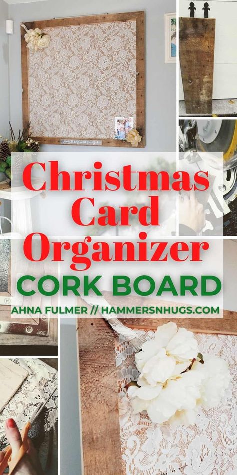 A super cute Christmas card idea - use free pallet wood to make this farmhouse-style cork board to display your cards all year round. Tap on this pin to get this DIY tutorial and more with Ahna Fulmer // HammersNHugs.com. #corkboard #easyproject #diyproject Cork Board Organization, Christmas Card Holder Display, French Country Cottage Christmas, Displaying Family Pictures, Pin Board Ideas, Remember To Pray, House Cleaner, Free Pallets, Wood Centerpieces