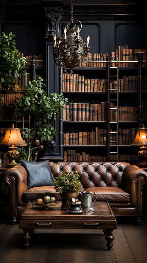 Dark Academia Built In, 20th Century Modern Interiors, Light Moody Interior Design, British Explorer Aesthetic, Dark Teal Library, Gothic Revival Living Room, Dark Reading Nook, Moody Library Aesthetic, Gentlemans Club Aesthetic