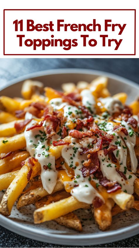 A plate of crispy French fries topped with melted cheese, crispy bacon bits, and drizzled with creamy aioli, showcasing a variety of delicious toppings. Fry Topping Ideas, Toppings For French Fries, French Fries With Toppings, French Fry Bar Toppings, French Fry Recipe Ideas, French Fry Ideas, French Fry Board Ideas, French Fry Toppings, French Fry Toppings Ideas