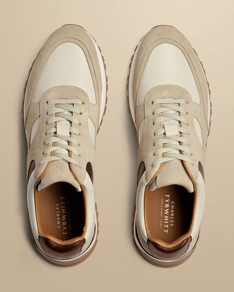 Leather and Suede Sneakers - Cream | Charles Tyrwhitt Charles Tyrwhitt Shirt, Smart Jackets, Italian Suit, Business Casual Shirts, Suede Trainers, Navy Blue Suit, Charles Tyrwhitt, Slim Fit Suits, Twill Shirt