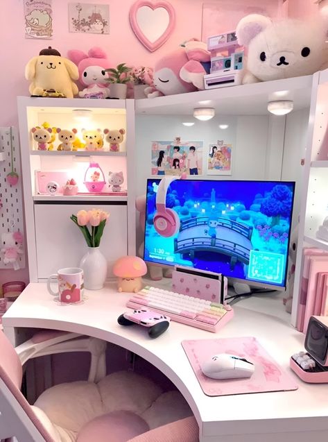 Colorful Pc Setup, Pink Setup Gamer, Pink Gaming Chair, Games Room Inspiration, Cute Gaming, Gamer Room Decor, Cozy Home Office, Cute Diy Room Decor, Uni Room