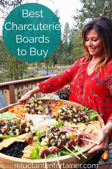 This post has information for The Best Charcuterie Boards to Buy! New post with references (Pier One has gone out of business and EPIC board is sold out). Reluctant Entertainer Charcuterie Board, The Reluctant Entertainer, What To Use For A Charcuterie Board, Reluctant Entertainer Recipes, Charcutier Boards, Charcuterie Dinner, Board Meals, Dinner Boards, Charcuterie Board Display