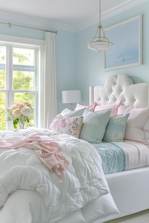 44 Feminine Bedroom Inspirations You'll Love to See Pink Bed Decor Ideas, Bedroom With Turquoise Walls, Light Blue Pink Bedroom, Light Blue Pink And White Bedroom, French Blue And Pink Bedroom, Pink And Periwinkle Room, Light Blue Guest Room Ideas, Blue And Purple Teen Girl Bedroom, Pink White And Blue Bedroom