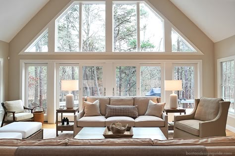 Gorgeous Great Rooms | Boston Design Guide Cathedral Ceiling Living Room, Great Room Addition, Beautiful Lake House, Lake House Living Room, Living Room Addition, Lake House Living, Vaulted Ceiling Living Room, Family Room Addition, House Addition