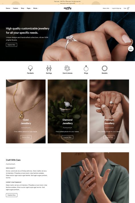 Cartify is the ultimate WooCommerce Gutenberg WordPress theme for online stores. With its modern design and intuitive user interface, it's never been easier to create a stunning online store. This theme offers a variety of customization options, including a drag-and-drop page builder and customizable widgets, to help you create the perfect online storefront. It also comes with a variety of pre-designed templates and layouts, making it easy to get started. Jewellery Website Design, Website Branding Design, Gold Website, Jewelry Banner, Graphic Designer Studio, Jewelry Website Design, Luxury Jewelry Store, Luxury Website, Jewelry Packaging Design