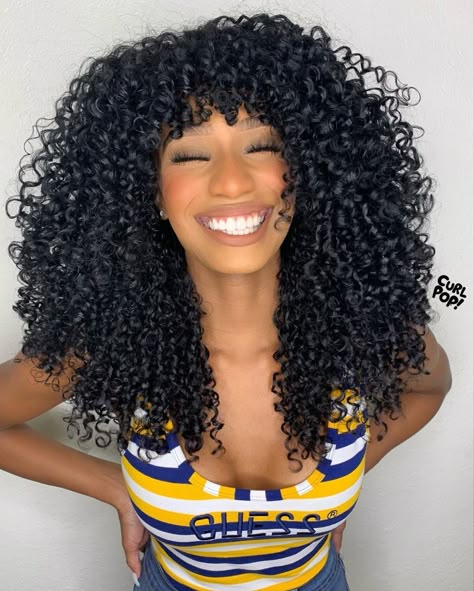 Long Curly Hair With Bangs Black Women, Curly Sew In With Bangs, Crochet Hairstyles With Bangs, Afro Fringe, Curly Afro With Bangs, Curly Fringe, Curly Afro Hair, Curly Hair Care Routine, Pageant Hair