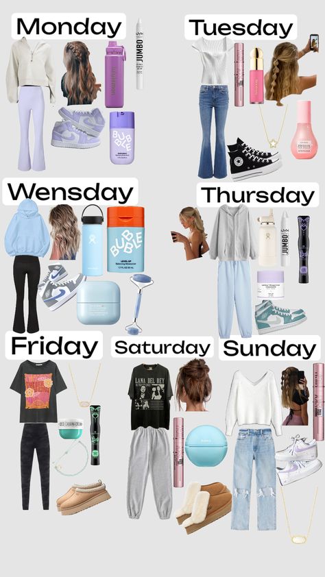 Outfits of the week! #beauty Outfit Of The Week For School, Days Of The Week Outfits School, Outfits Of The Week Summer, Weekly Outfit Planner For School, Outfits For Everyday Of The Week, Outfits For Days Of The Week, Day Of The Week Outfits, Weekly Outfits For School, Week Of Outfits For School