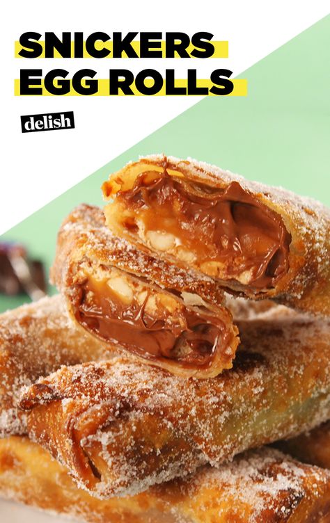 If you're OBSESSED with Snickers, these egg rolls will blow your mind 😱 Get the recipe at Delish.com. #recipe #easy #easyrecipe #snicker #candy #chocolate #dessert #dessertrecipes #peanuts #caramel #eggrolls Dessert Egg Roll Recipes, Dessert Egg Rolls Recipe, Soul Rolls, Fried Snickers, Foods High In Fiber, Egg Rolls Recipe, Homemade Egg Rolls, Fried Dessert, No Egg Desserts