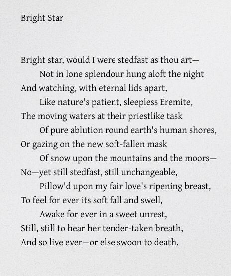 Bright Star - John Keats Starlight Starbright Poem, Bright Star John Keats, Poem About Stars, Love Poem About Stars, John Keats Letters, Keats Quotes, John Keats Poems, Poems About Stars, Victor Hugo Quotes