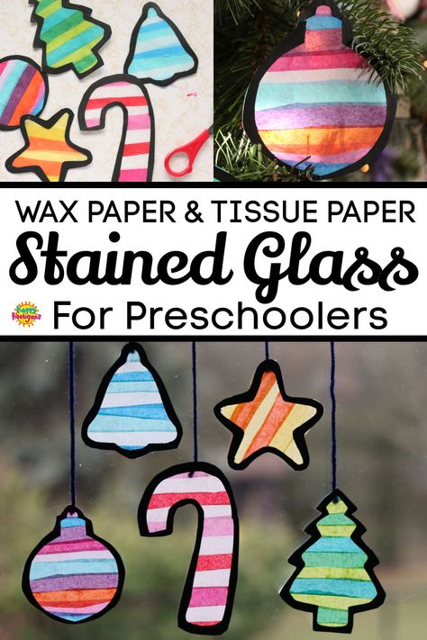 Toddlers and preschoolers can make stained glass christmas shapes to hang as sun catchers in a window or to decorate your tree. Wax paper is the secret to doing this classic art process with young children. #StainedGlass #Art #Toddlers #Preschoolers #ChristmasCrafts #Kids #Crafts #Christmas #TissuePaper Craft With Wax Paper, Preschool Stained Glass Craft Window Art, Wax Paper Stained Glass Art, Stained Glass Crafts Tissue Paper, Tissue Paper Sun Catcher Wax Paper, Tissue Paper Window Art Christmas, Christmas Tree Sun Catchers, Stained Window Art, Christmas Window Crafts For Kids