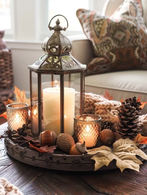 fall candle decorations 2 Fall Lantern Decor Ideas Living Room, Fall Centerpieces With Lanterns, Tray With Candles Decor, Fall Candle Ideas, Halloween Party Living Room, Winter Decorating After Christmas, Fall Candlesticks, Kirklands Home Decor, Decorating After Christmas