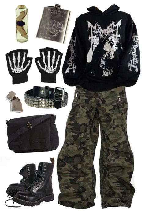 Camo Pants Metalhead, Cool Outfit Ideas Edgy, 2007 Aesthetic Outfits, Lazy Punk Outfits, Emo Outfits Male 2000s, Alt Casual Outfits, Metal Head Clothes, Punk Winter Outfits, Thrash Metal Outfit