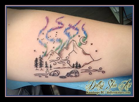 Aurora camping scene for Judy - Dolly's Skin Art Tattoo Kamloops BC Northern Lights Purple, Tent Tattoo, Tattoo Camping, Aurora Tattoo, Northern Lights Tattoo, Kamloops British Columbia, Colour Tattoos, Camping Scene, Kamloops Bc