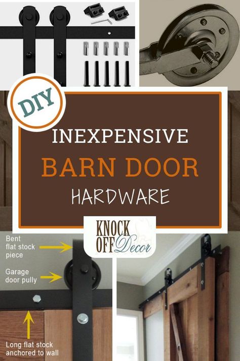 If you're making a DIY barn door, then you're going to want some cheap hardware to go with it! This post tells you the easy way to get your rail, roller and fasteners to hang your barn door inexpensively with some DIY hardware that functions just as well as the pricey stuff! #diyhomedecor, #rustichomedecor, #barndoor Cheap Barn Door Hardware, Barn Door Diy, Cheap Barn Doors, Pallet Barn, Barn Door Hinges, Barn Door Ideas, Diy Barn Door Hardware, Diy Sliding Barn Door, Wood Barn Door