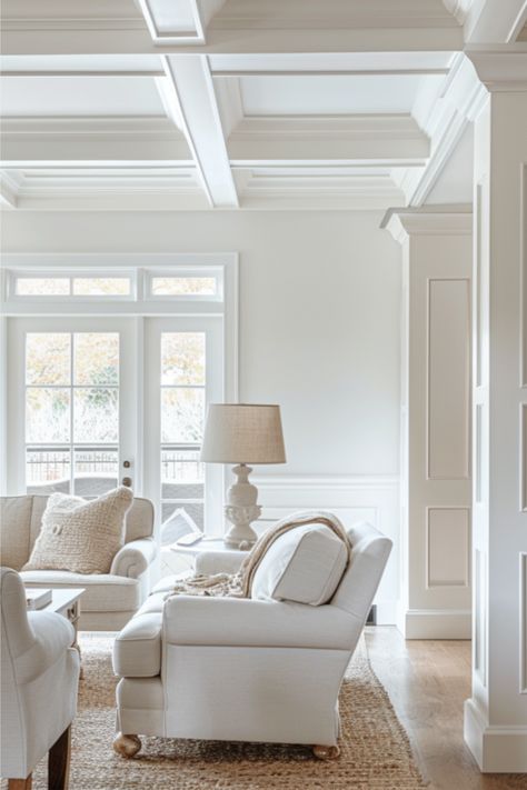 Looking for a neutral warm white paint color? Here's Sherwin Williams Alabaster - undertones, coordinating colors, and trim colors! Alabaster Sherwin Williams Trim Color, Sherwin Alabaster White, Best Sw White Paint For Walls, White Paint Colors For Walls Sherwin, Cream Walls And Trim, Sw Westhighland White Vs Alabaster, Alabaster Walls And Ceiling, White Trim And White Walls, Alabaster White Living Room