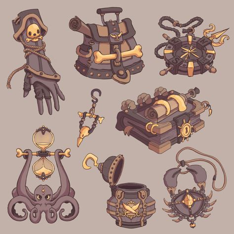 Pirate Props Concept Art, Steampunk Props Concept Art, Asset Concept Art, Animation Prop Design, Fantasy Props Art, Stylized Props Concept Art, Game Props Concept, Pirates Concept Art, Prop Design Concept Art