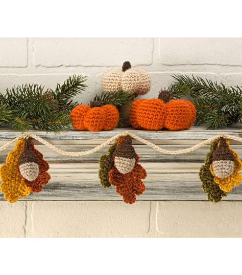 Acorn and Leaf Garland and Mini Crocheted Pumpkins Crochet Thanksgiving Garland, Leaf Garland Crochet, Autumn Amigurumi, Crocheted Pumpkins, Acorn Garland, Crochet Autumn, Crochet Cowl Free Pattern, Pumpkin Crochet, Autumn Crochet