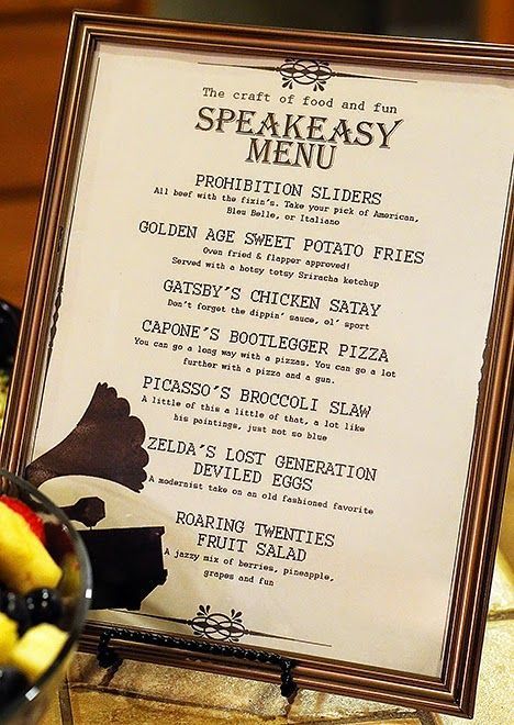 Speakeasy Dinner Party Menu — Love this fun menu for a 1920s themed adult birthday party. Speakeasy Menu, Roaring 20s Birthday Party, 1920 Party, Roaring 20s Birthday, Roaring Twenties Party, Gatsby Birthday Party, Prohibition Party, Gatsby Gala, Twenties Party