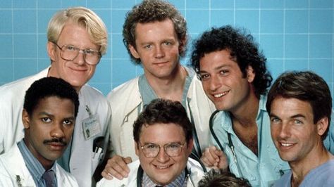 St. Elsewhere -- Denzel Washington = Dr. Phillip Chandler, Stephen Furst = Dr. Elliot Axelrod, Howie Mandel = Dr. Wayne Fiscus, Mark Harmon = Dr. Robert Caldwell, Ed Begley Jr. = Dr. Victor Ehrlich, David Morse = Dr. Jack Morrison St Elsewhere, David Morse, Howie Mandel, Nbc Tv, Tv Doctors, Mark Harmon, Medical Drama, Classic Television, Old Shows