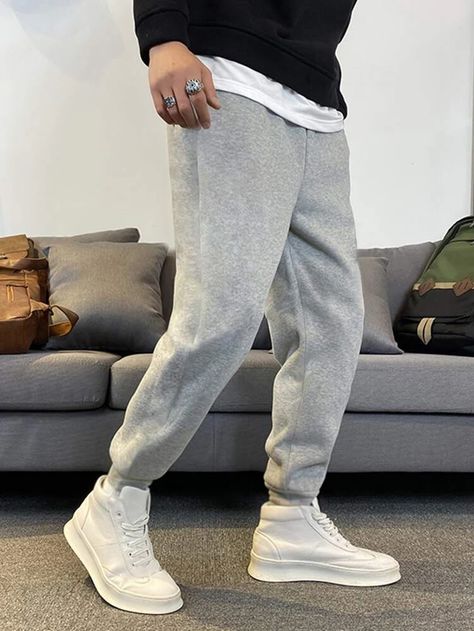 Men Solid Slant Pocket Sweatpants | SHEIN USA Outfits With Grey Sweatpants, Grey Sweatpants Men, Gray Sweatpants Man, Gray Sweatpants Outfit, Grey Pants Outfit, Jogger Outfit, Prada Mens, Men Sweatpants, Boy Sweatpants