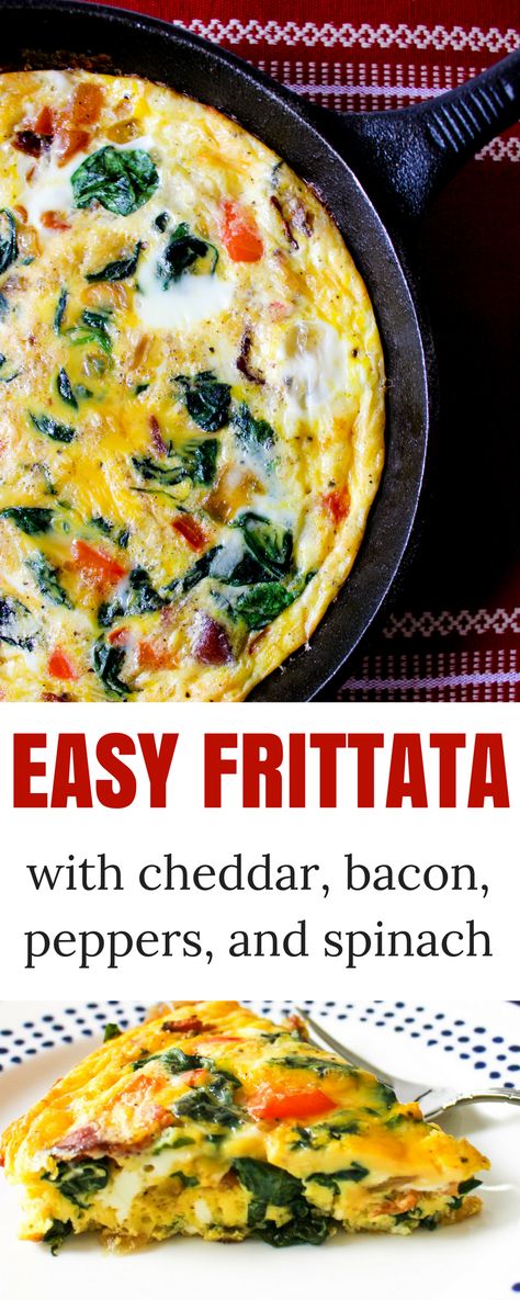 Cheesy Frittata with Bacon, Peppers, Spinach, and Onion via @Ally\\\'s Cooking Breakfast Ideas With Eggs, Ideas With Eggs, Easy Frittata, Frittata Recipe, Frittata Recipes, Egg Dishes, Quiche Recipes, Idee Pasto Sano, Eat Smarter