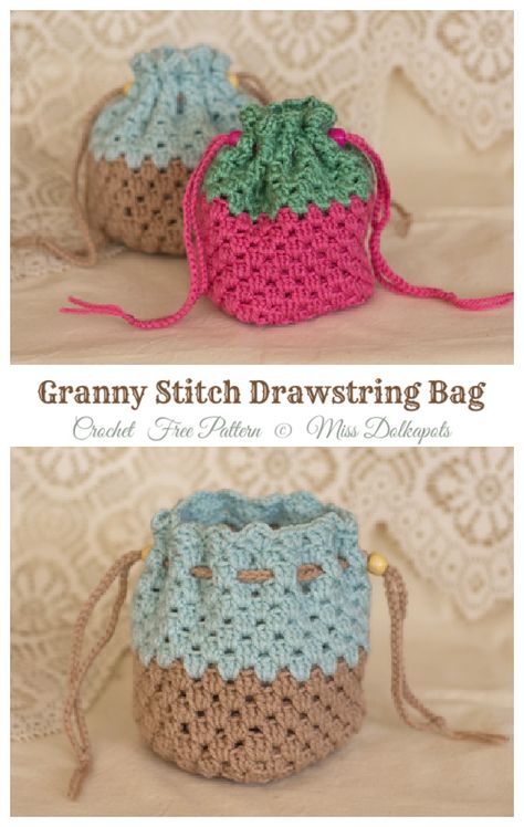 Granny Stitch Drawstring Bag Crochet Free Patterns - Crochet & Knitting Crocheted Purses, Crochet Granny Stitch, Crochet Drawstring Bag, Crochet Mini Bag, Drawstring Bag Pattern, Pouch Ideas, Granny Stitch, Patterns Simple, Crochet Bag Pattern Free