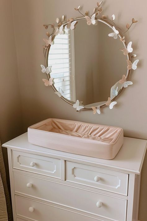 a mirror with butterfly around the frame Butterfly Nursery Ideas, Forest Nursery Girl, Enchanted Butterfly, Butterfly Nursery Decor, About Butterflies, Nursery Decor Ideas, Girly Nursery, Elegant Nursery